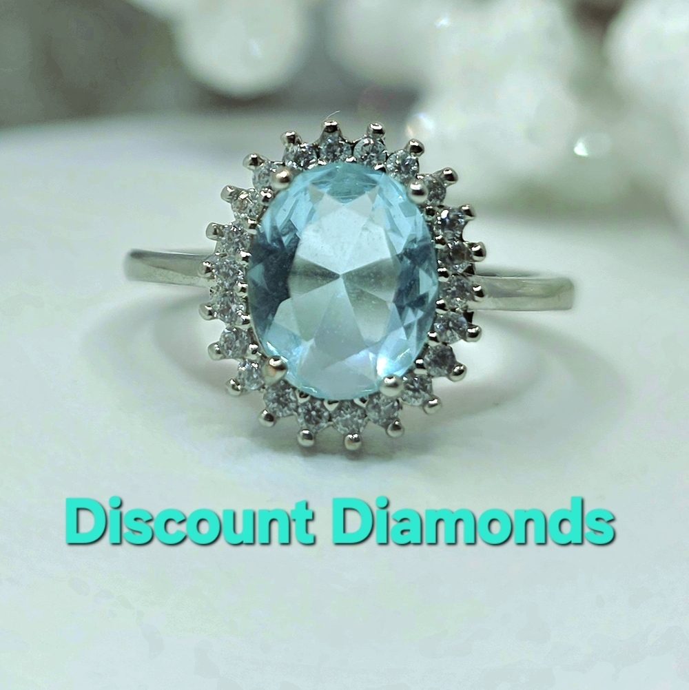 Oval Cut Sky Blue Sapphire & Clear White Diamond Cocktail Ring on 925 Silver
